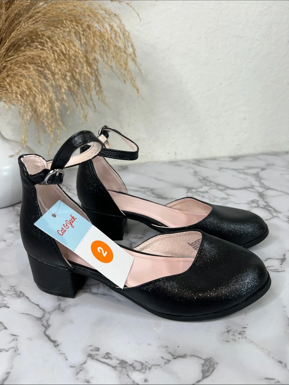 Cat & Jack Black Glitter Ankle-Strap Block Heel Girls' Dress Shoes Size 2